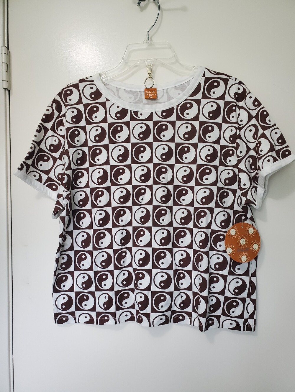 Vibe N Womens Brown/White Allover Checker Pattern Yin-Yang Crop Top Sz XL NWT